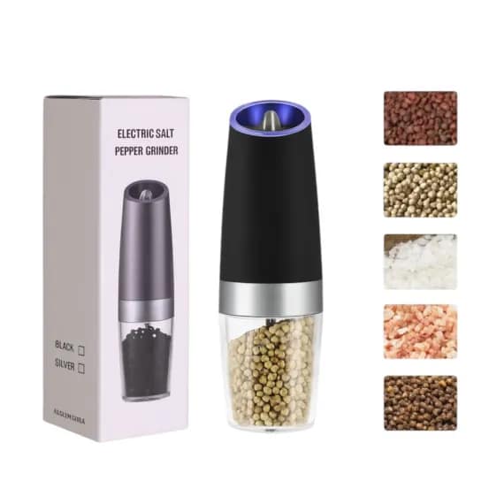 Rasnita electrica automata Brivoo®, pentru sare si piper din inox, cu inductie gravitationala, LED, reglaj granulatie, mecanism ceramic, 20, 7 cm cu baterii