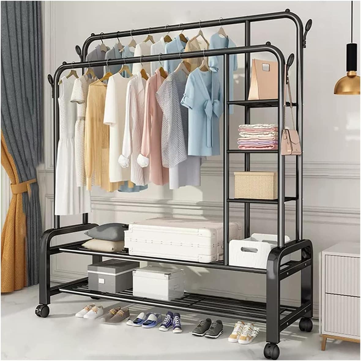 Cuier haină cu suport pentru pantofi, Brivoo, 5 rafturi, 2 bare metalice, negru, 135x50x162 cm