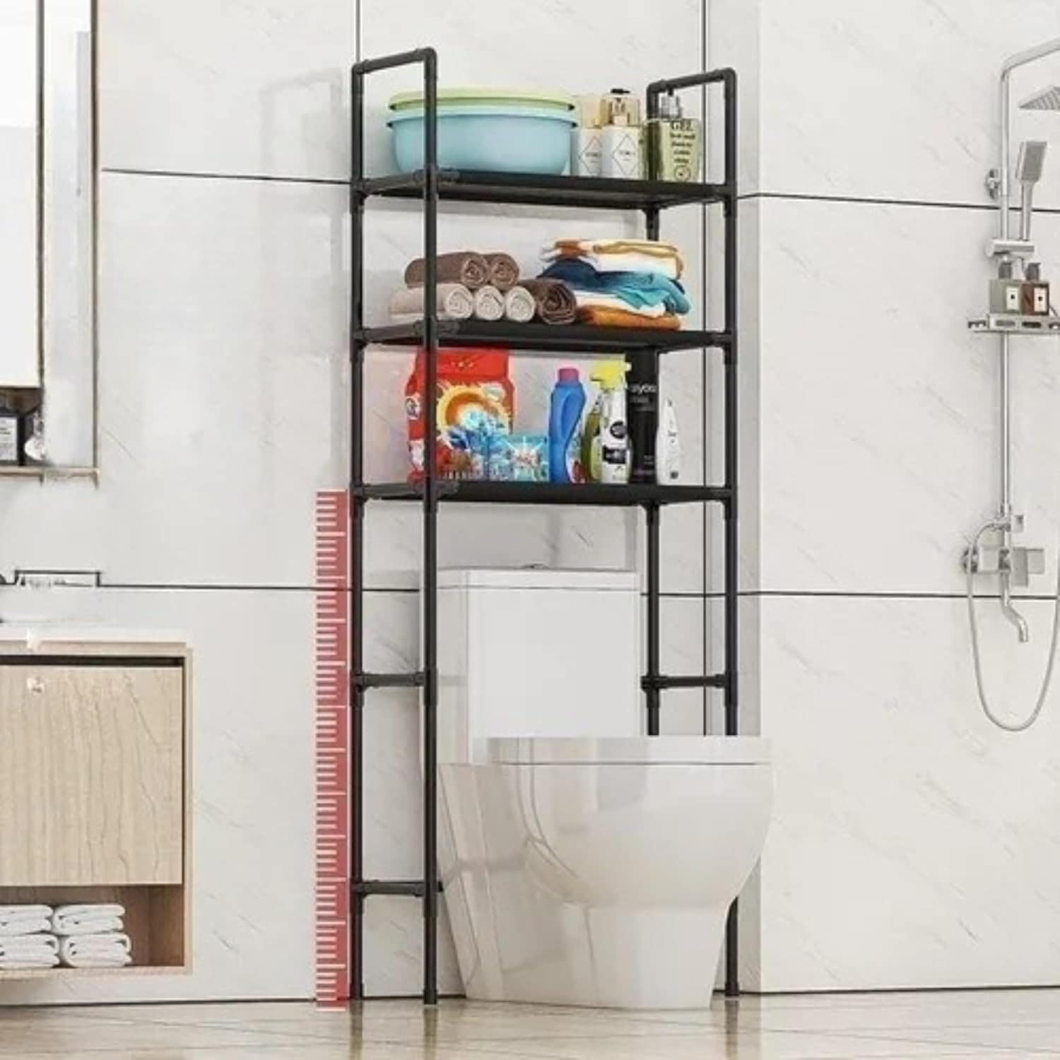 Suport de baie cu 3 etaje, organizator multifunctional din metal, etajera verticala pentru depozitare, culoare Negru, 155× 47 × 25 cm, Brivoo®